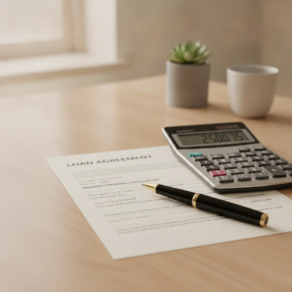 Loan documents and calculator on a desk representing auto financing terms