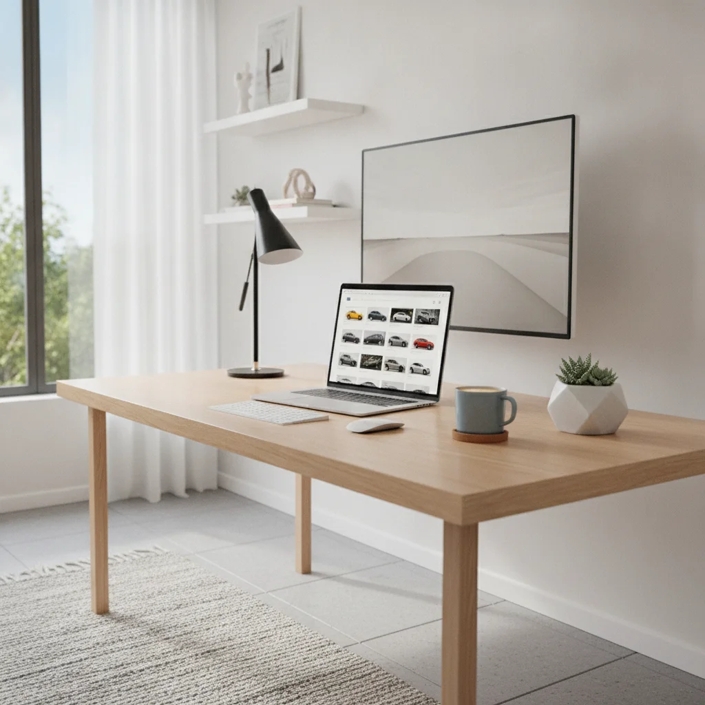 A tidy home office setup with a laptop displaying an online car listing website