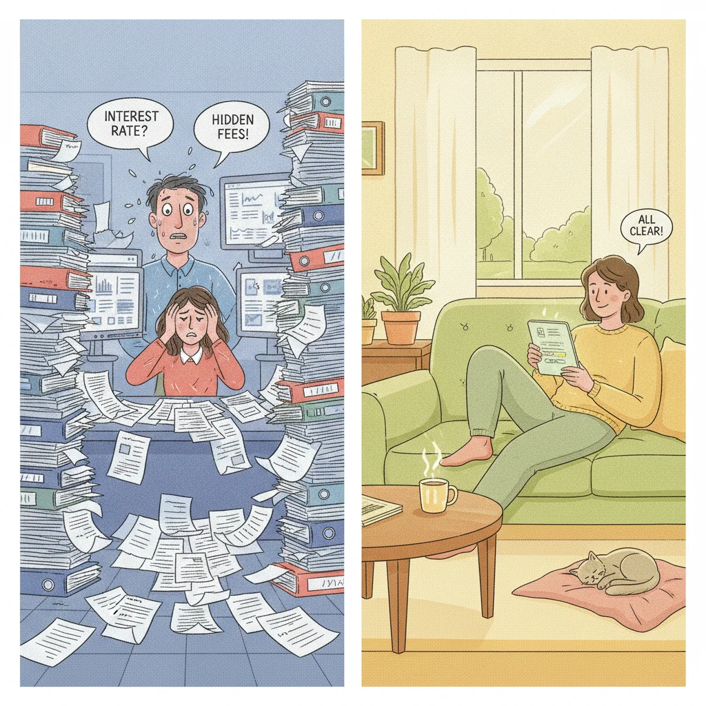 Contrasting scenes of stressful dealership paperwork versus calm at-home document review on a tablet