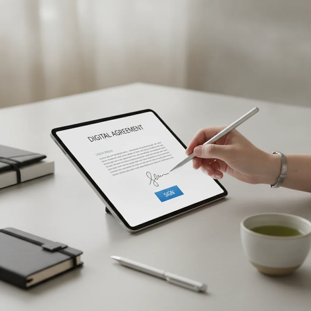 Person signing a car purchase contract digitally on a tablet with a stylus