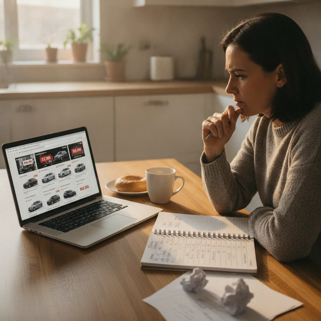 Car buyer comparing multiple online listings on a laptop with handwritten price notes