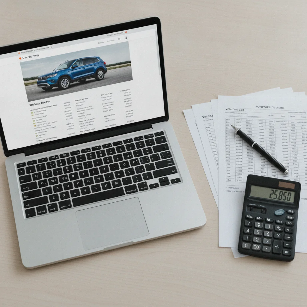 Laptop showing online car listing beside printed pricing sheets and a calculator on a desk