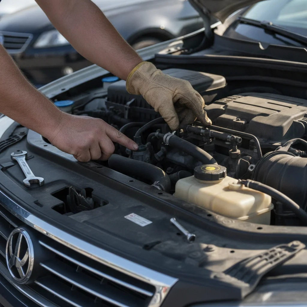 Person inspecting a car engine bay at a traditional dealership lot in daylight