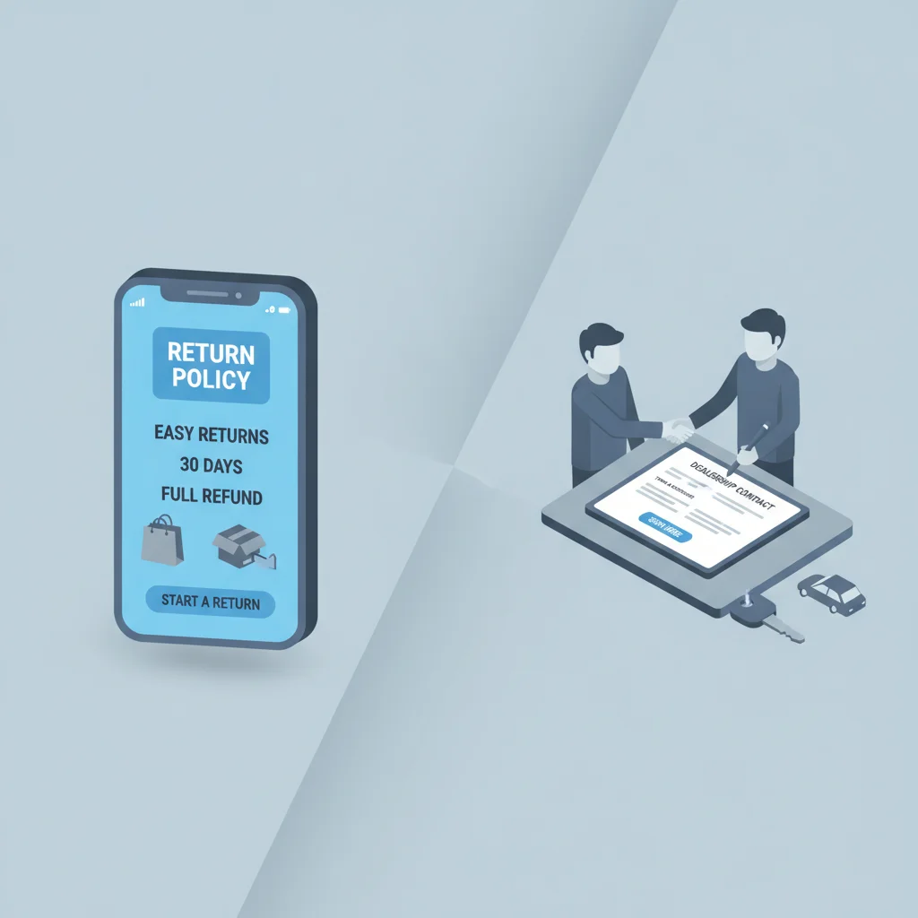 Smartphone displaying an online return policy next to a traditional dealer contract being signed