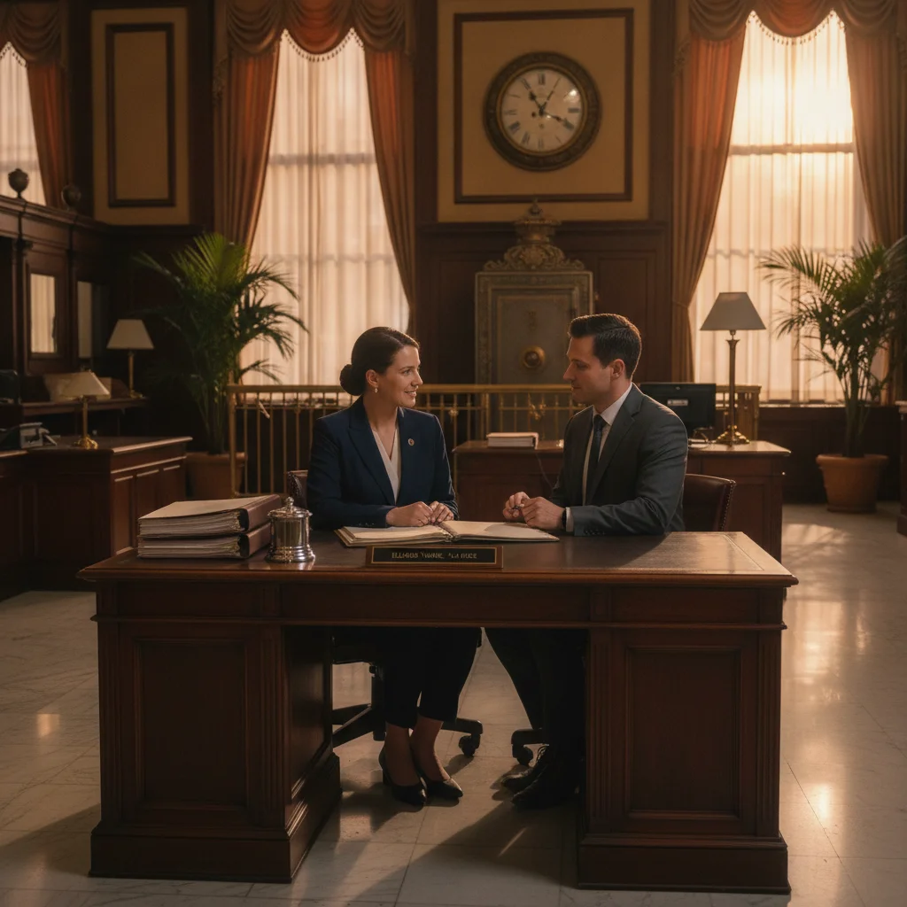 Bank loan officer desk with documents and a customer in a professional lending consultation setting