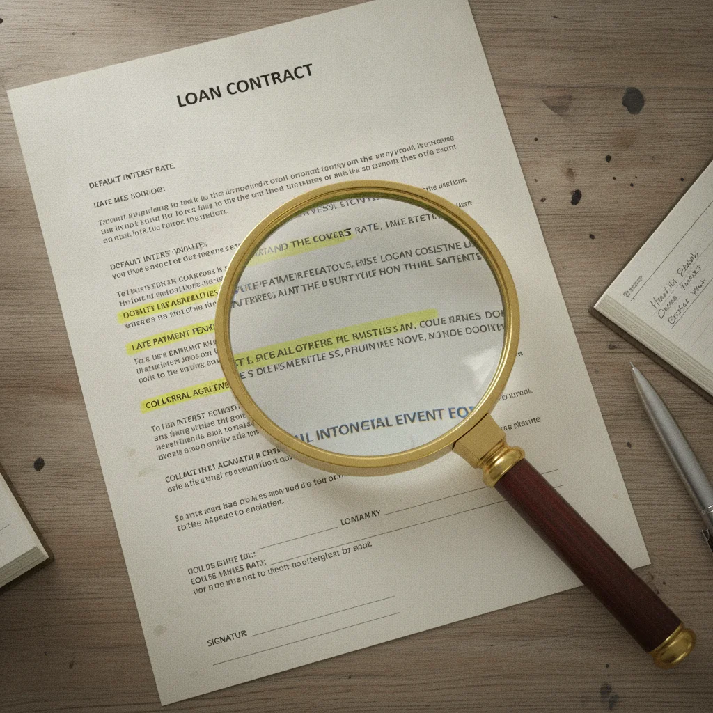 Magnifying glass examining highlighted clauses in a printed auto loan contract on a desk