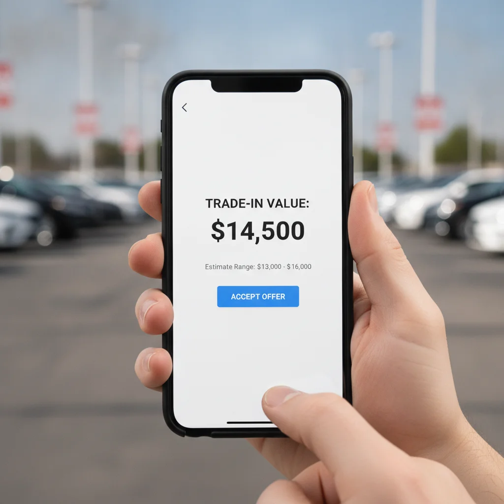 A person viewing an online trade-in valuation on a smartphone with a dealership lot visible behind them.