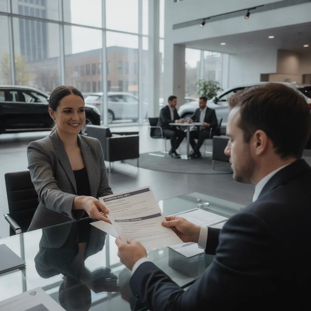 Car seller presenting printed competing trade-in offers to a dealership finance manager across a desk.