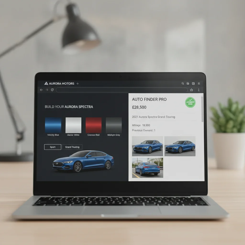 Two browser windows comparing a new car configurator and a used car listing with vehicle history details