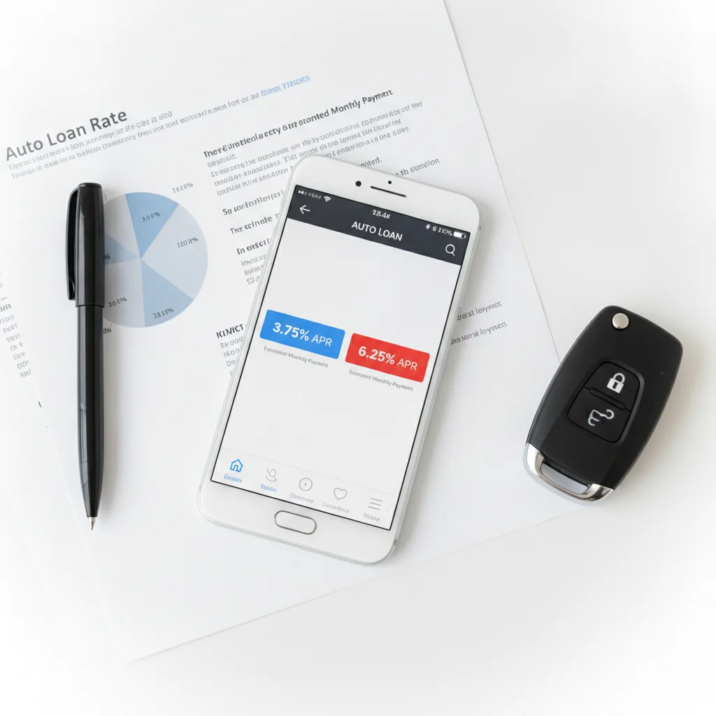 Smartphone showing auto loan rate comparison screen with documents and car key on a desk