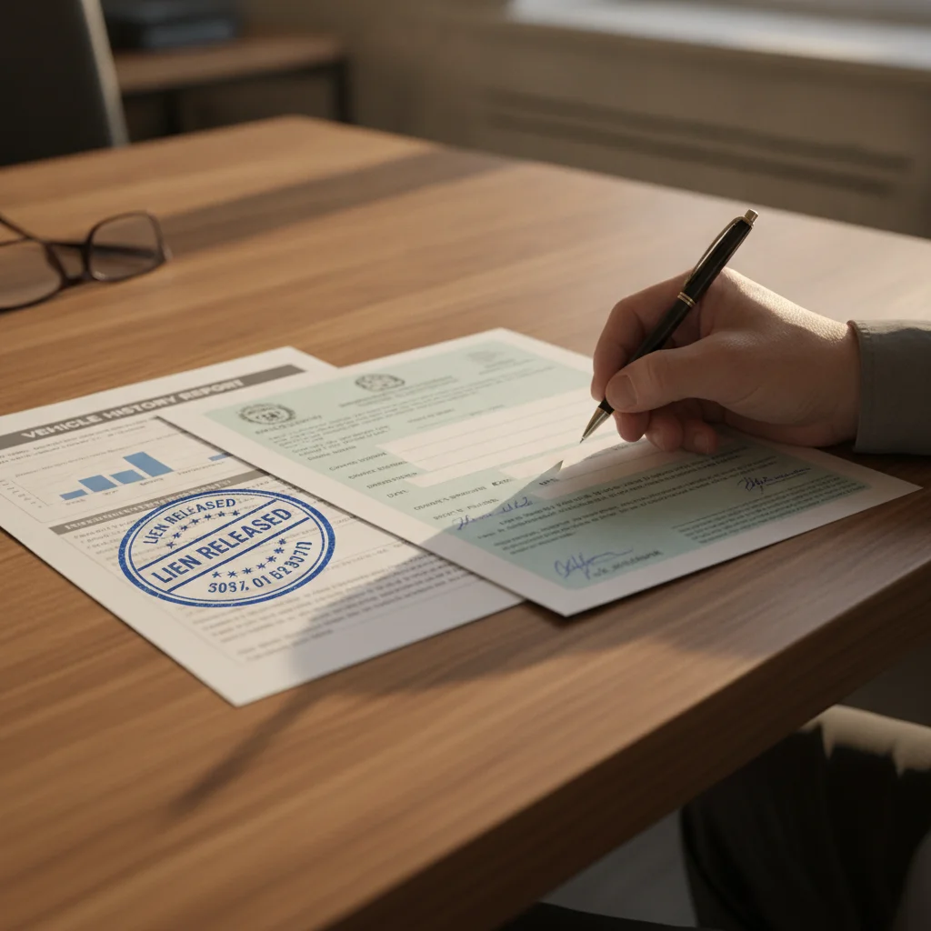 Vehicle title paperwork with lien release stamp and vehicle history report on a desk with a pen