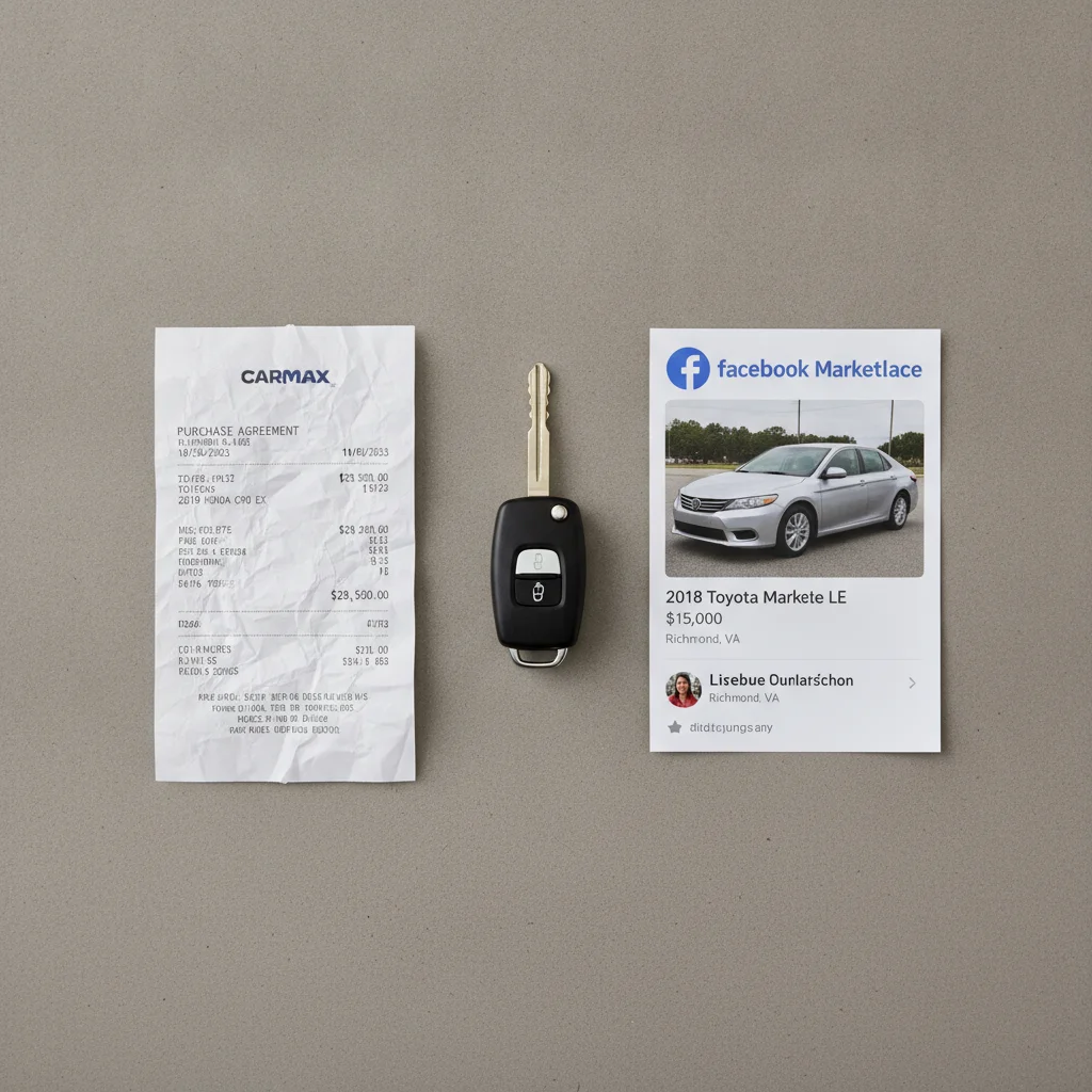 CarMax receipt and Facebook Marketplace listing side by side representing the range of online used car platforms