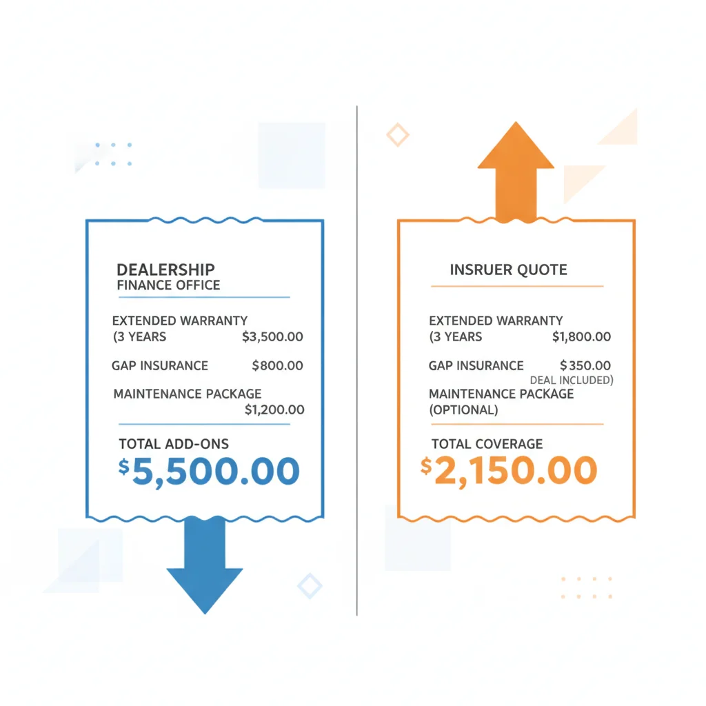 Side-by-side comparison of dealership and insurer pricing for the same optional insurance coverage
