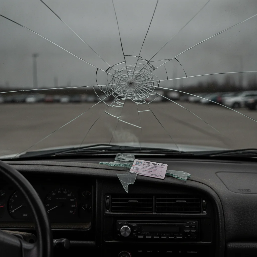 Cracked car windshield viewed from inside a vehicle parked in a lot
