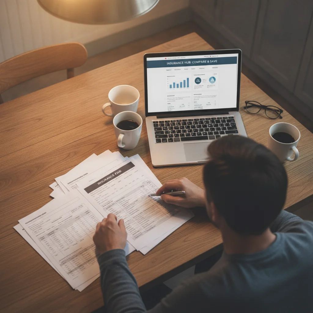 Person reviewing insurance policy documents at home with a laptop showing an insurance comparison site