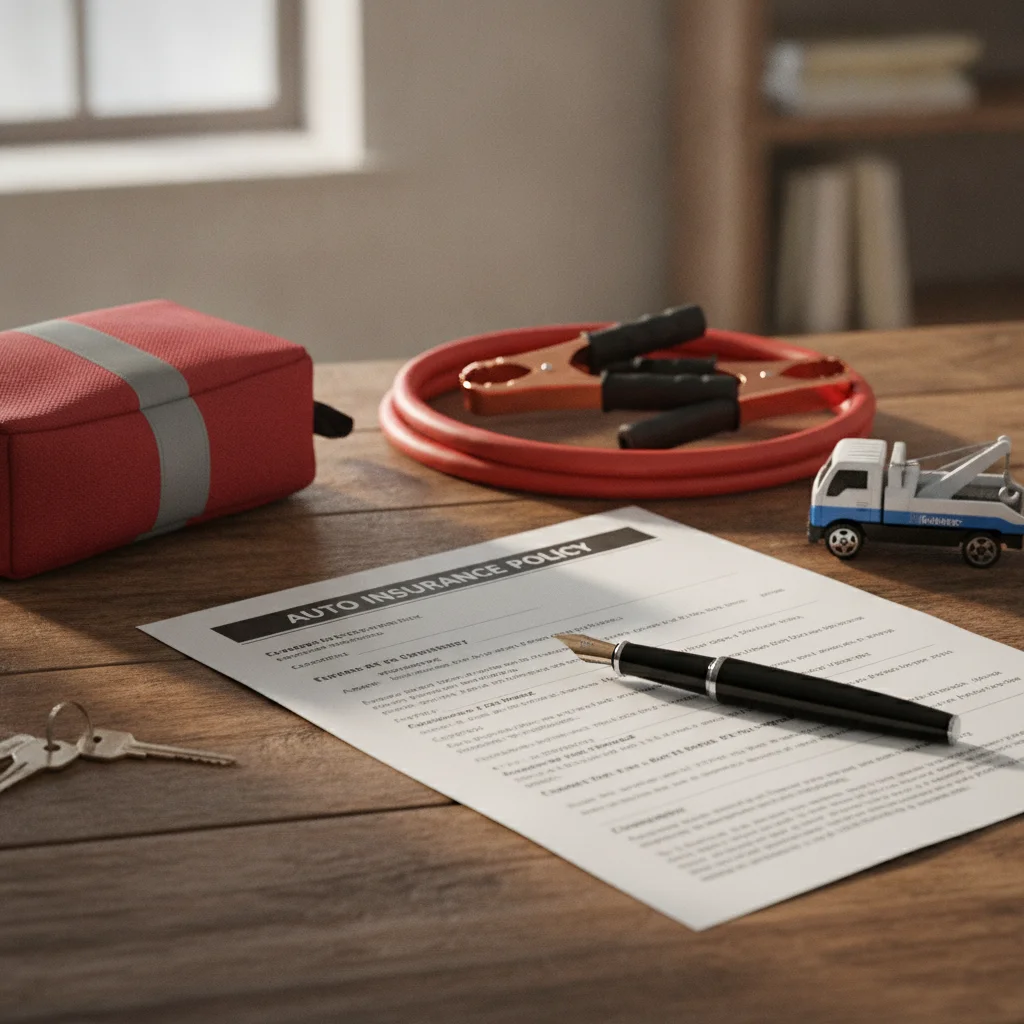 Car insurance documents on a desk with roadside emergency items and a small tow truck toy