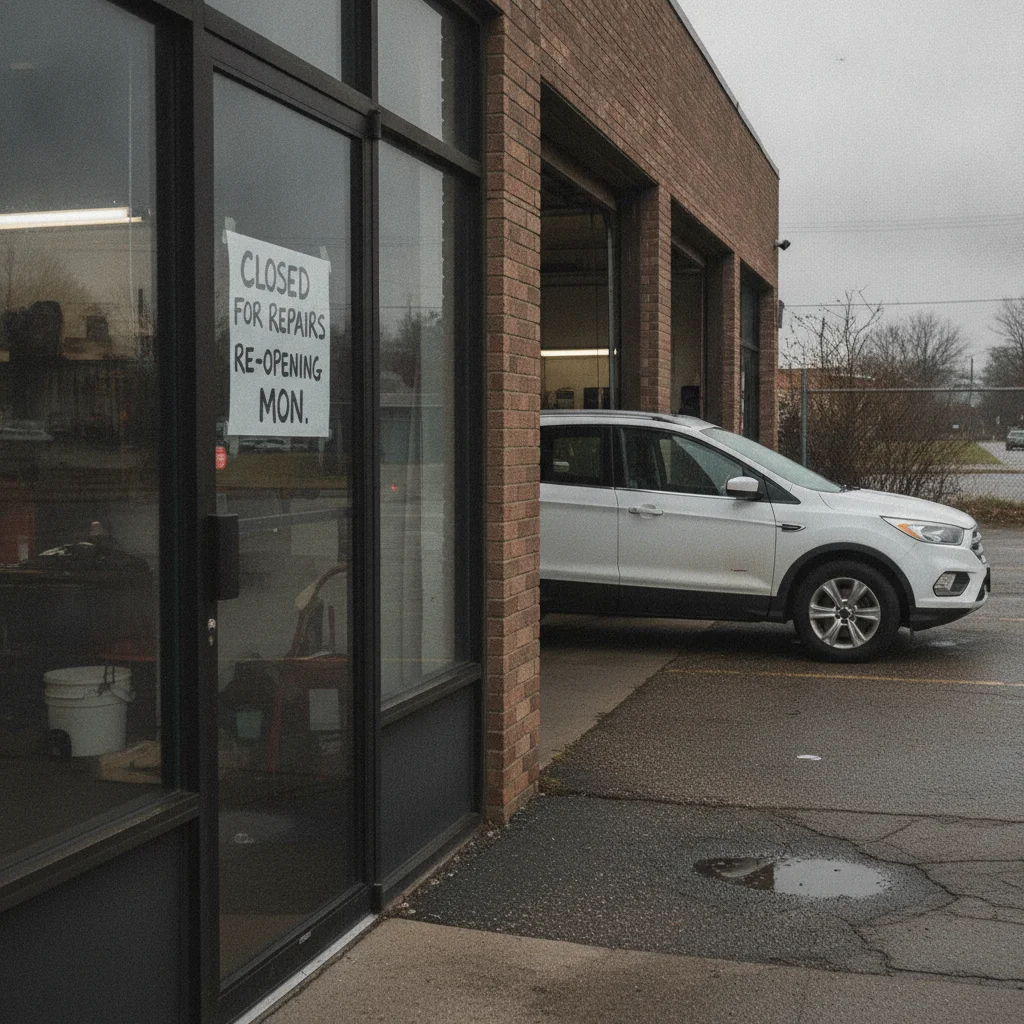 White rental car parked in front of an auto body shop with a repair sign in the background