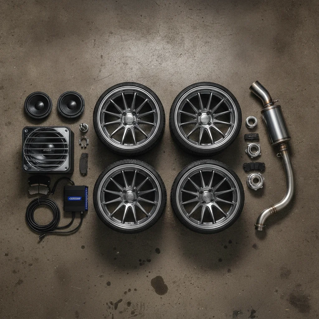Custom car parts including alloy wheels, exhaust, and audio equipment laid out on a garage floor