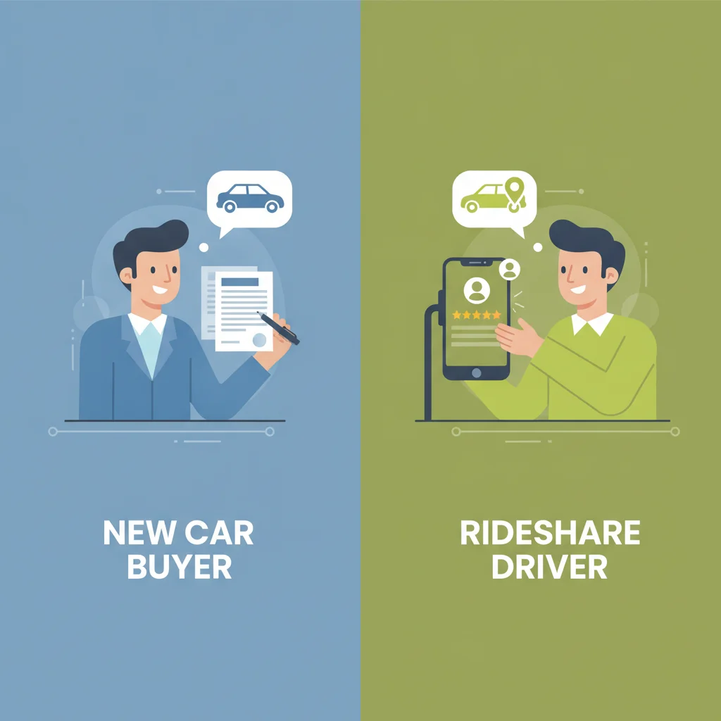 Two driver profiles illustrated side by side—a new car buyer and a rideshare driver—representing different insurance needs