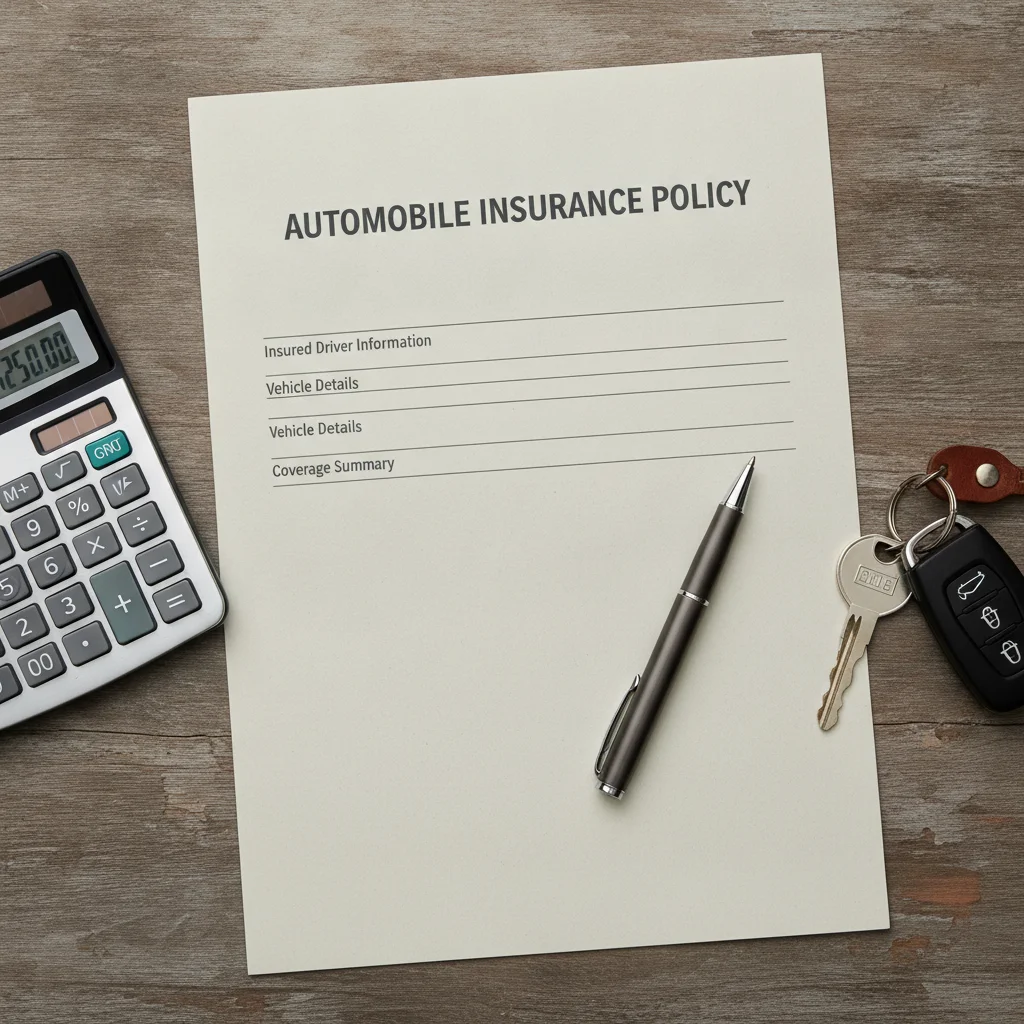 Auto insurance policy documents laid out on a table with a calculator and pen alongside car keys