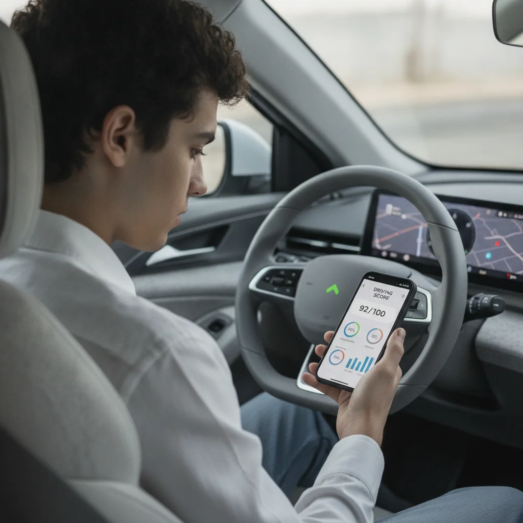 Young driver checking a telematics driving score app on a smartphone while seated in a parked car