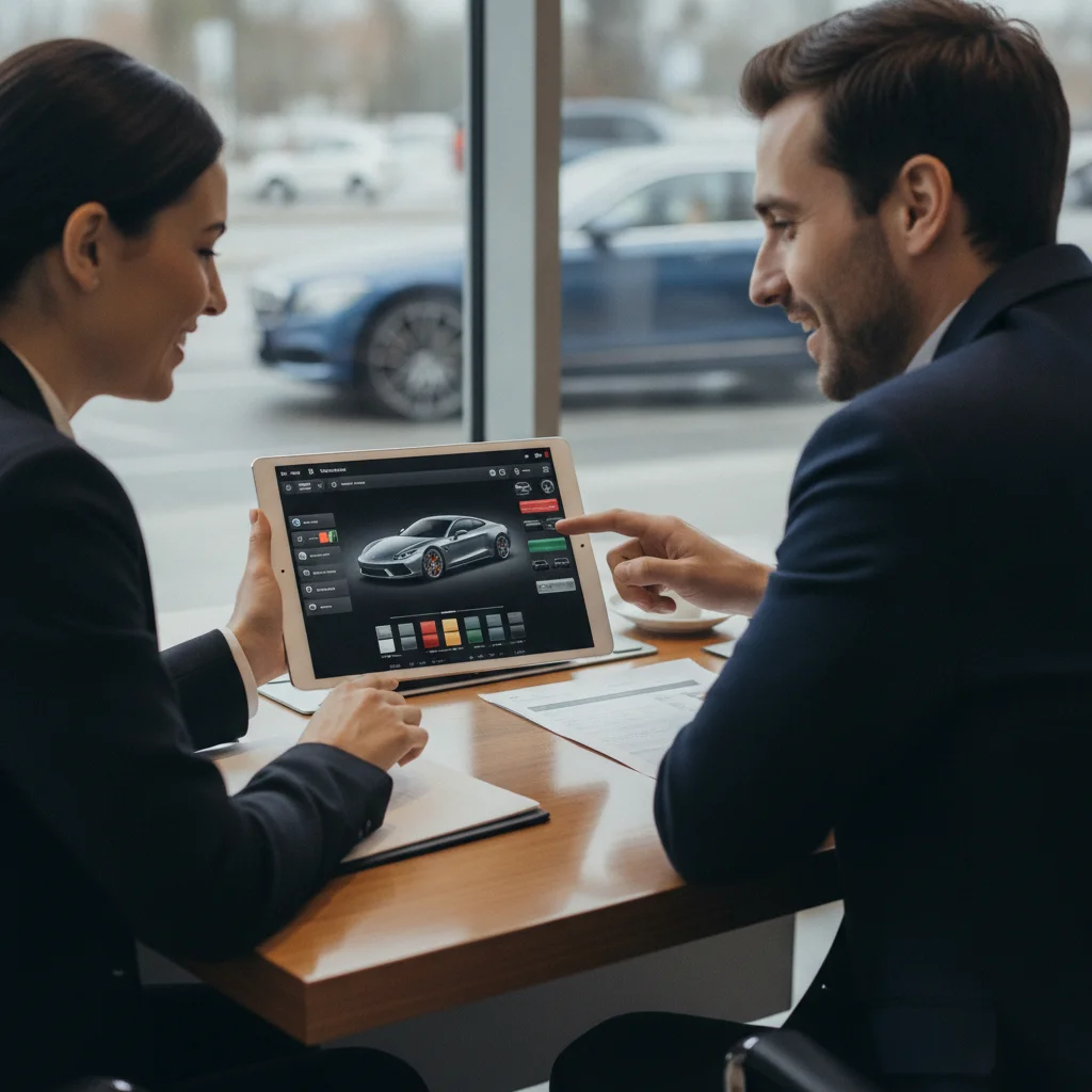 A car buyer and dealer representative reviewing a factory order configuration on a tablet at a desk.