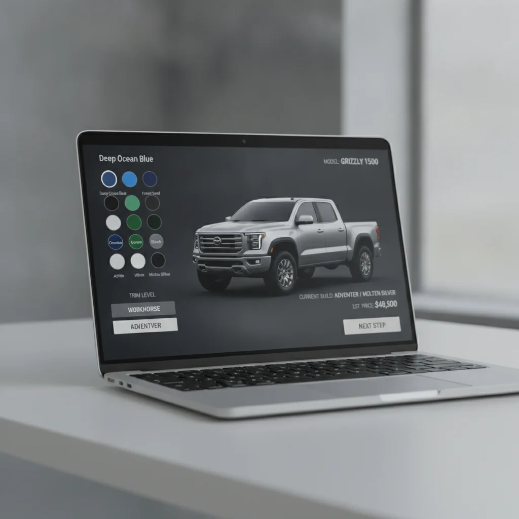 A laptop screen displaying an online vehicle configurator with exterior color and trim options for a pickup truck.