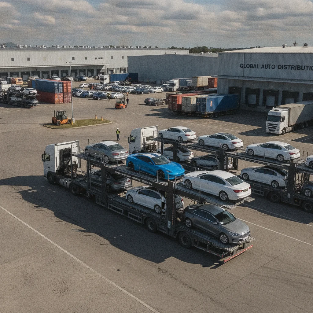 New vehicles loaded onto a transport carrier at a distribution facility ready for dealership delivery.
