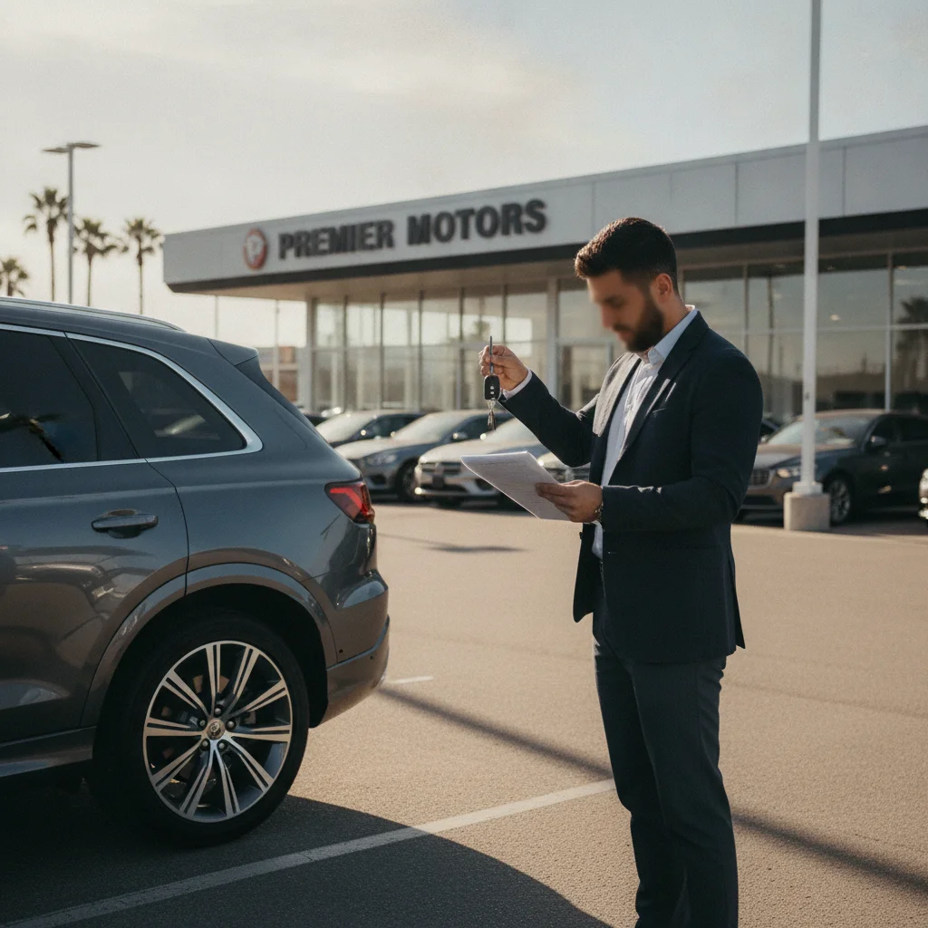 A new car buyer standing beside their recently purchased vehicle on a dealership lot while reviewing paperwork.