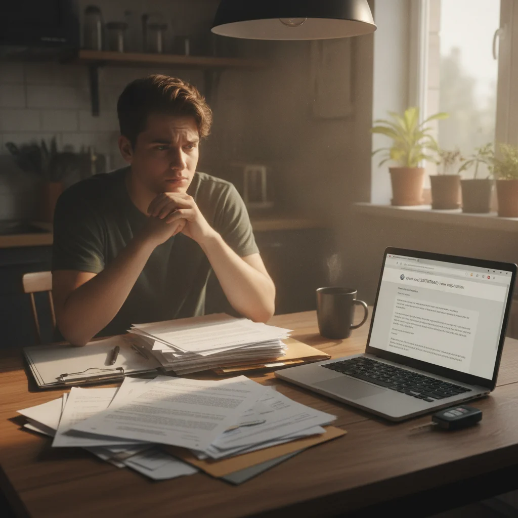 Person reviewing car purchase paperwork and DMV documents at a kitchen table with laptop