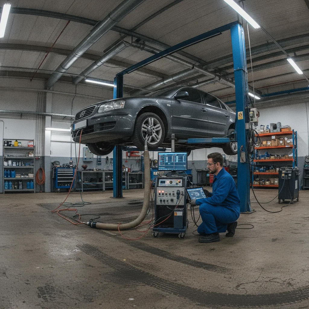 Technician performing emissions testing on a vehicle raised on a lift at an inspection station