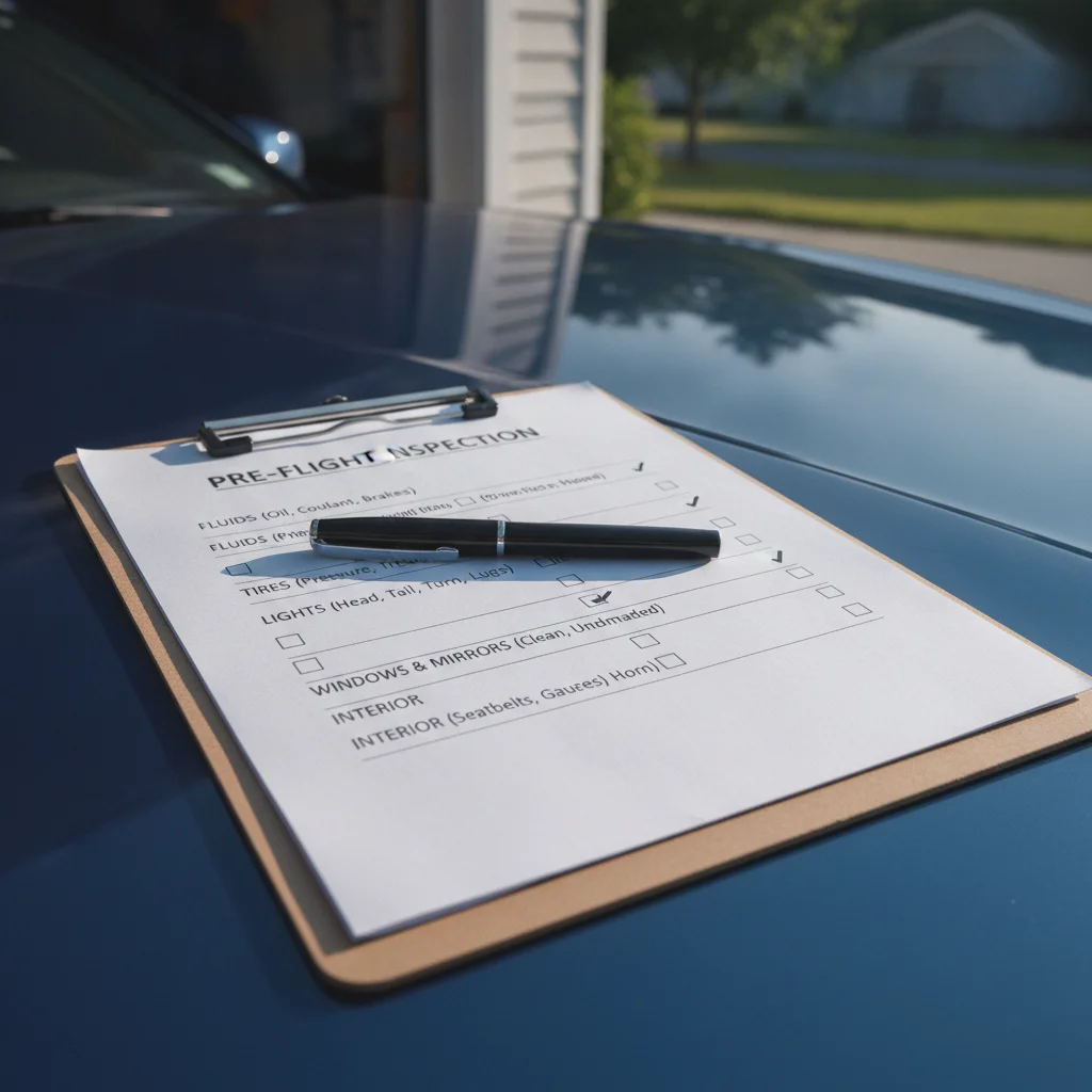 A car purchase checklist on a clipboard resting on a vehicle hood in natural daylight