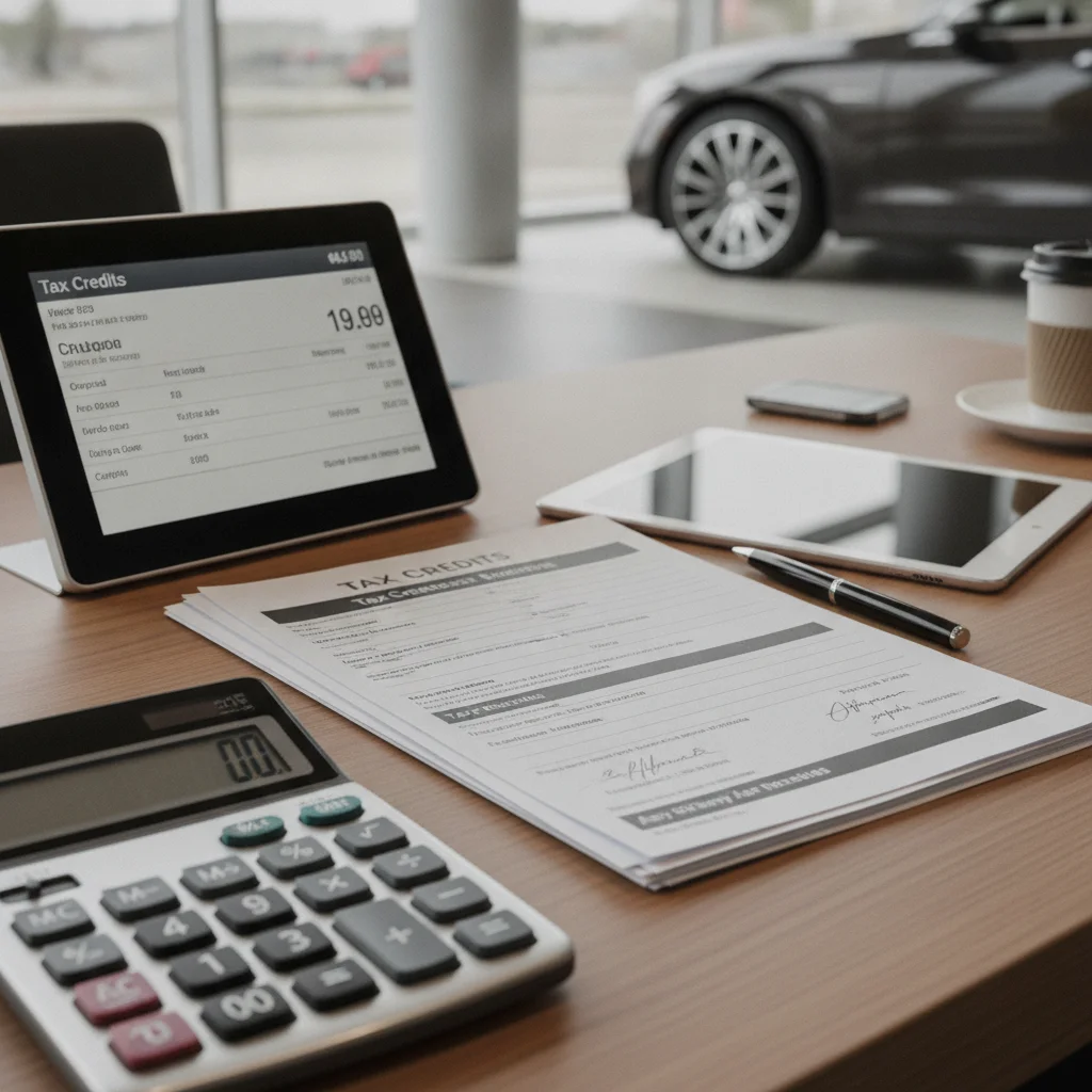 Dealership desk with tax credit paperwork and calculator showing net vehicle price after federal EV incentive