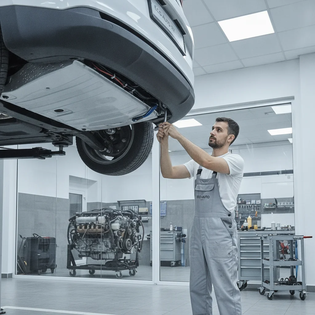 Mechanic servicing an electric vehicle in a clean service bay, with a conventional engine visible in background for contrast