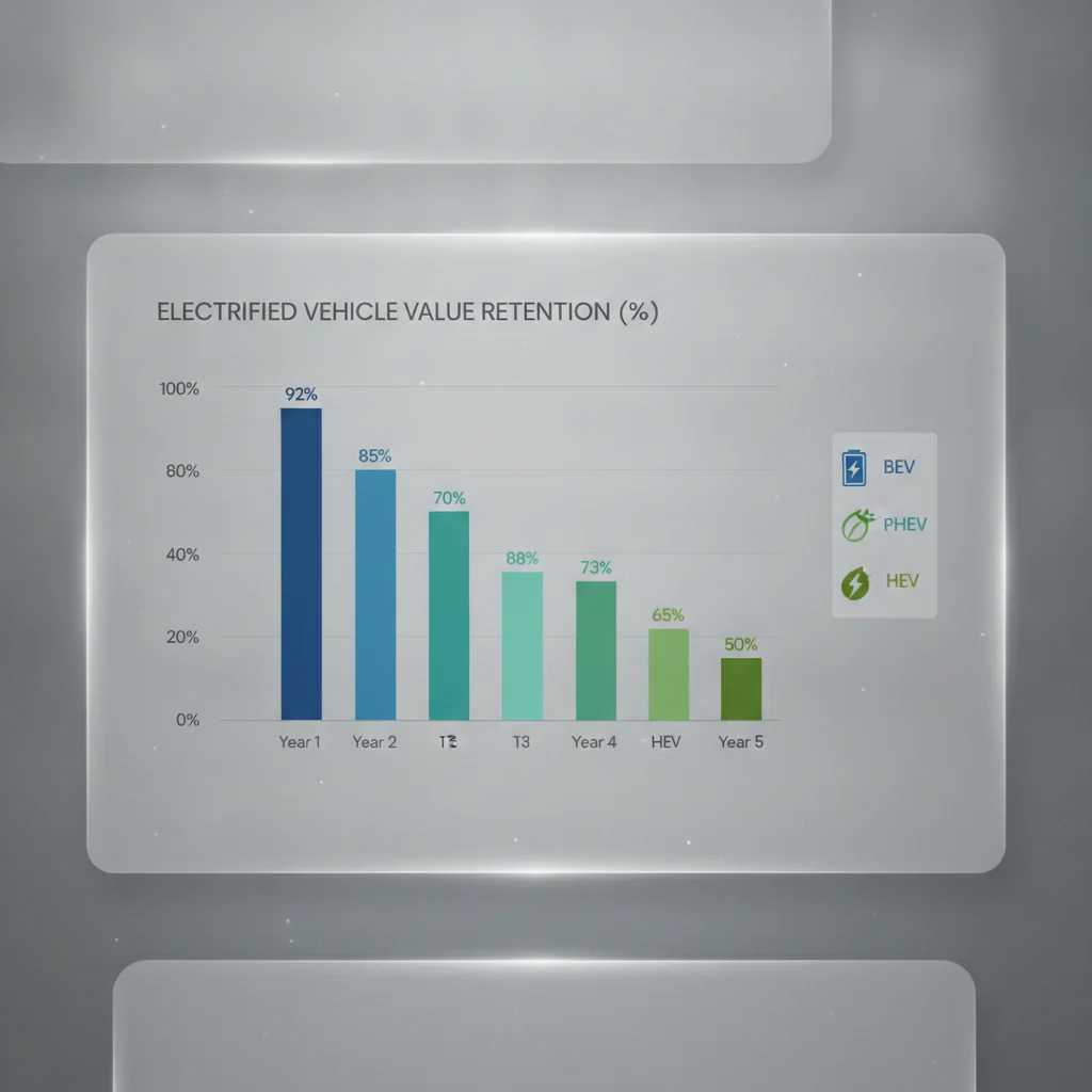 Conceptual bar chart comparing five-year depreciation rates for BEV, PHEV, and HEV vehicle types
