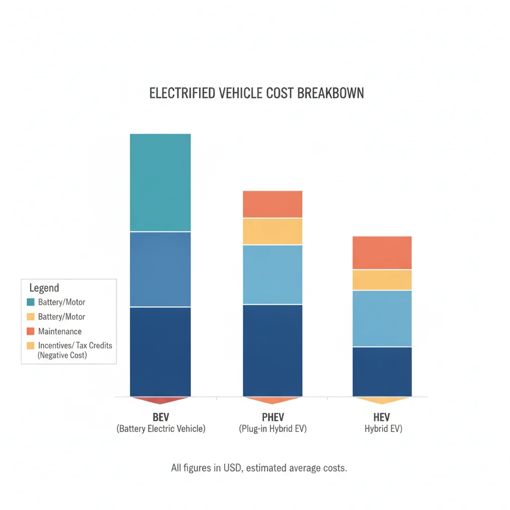Infographic showing stacked five-year total cost breakdown for BEV, PHEV, and HEV including fuel, maintenance, insurance, and depreciation