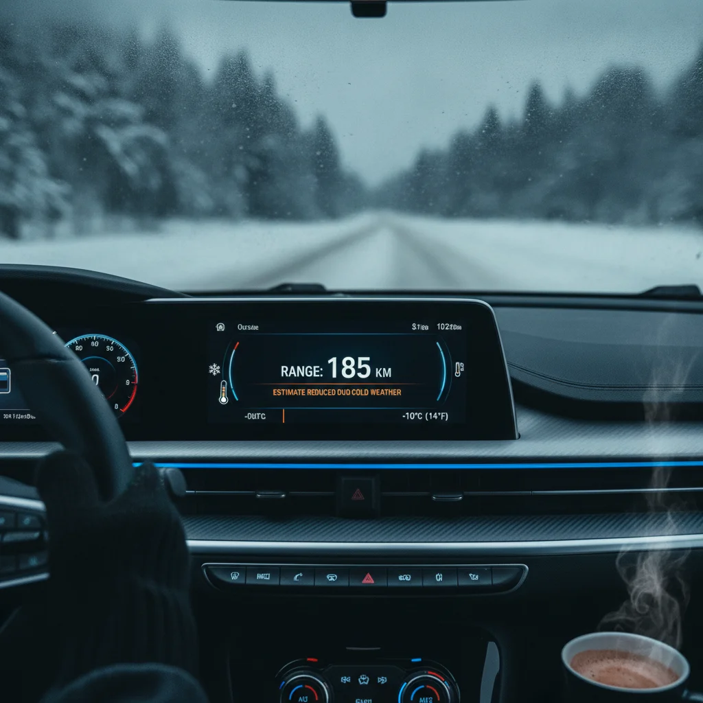 EV dashboard showing reduced estimated range in cold winter conditions with frost on windshield