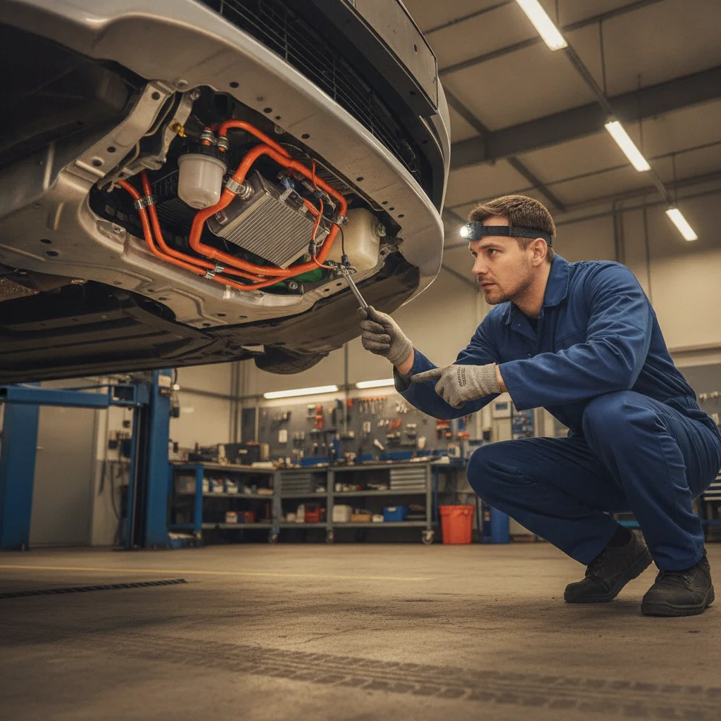 Mechanic inspecting EV battery coolant system components in a workshop