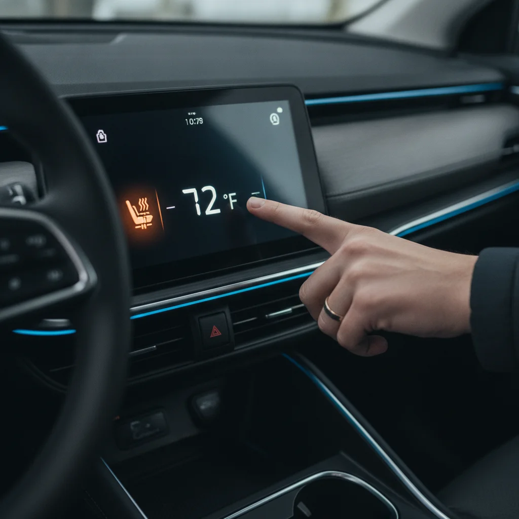 Driver adjusting heated seat and climate control settings on an electric vehicle touchscreen