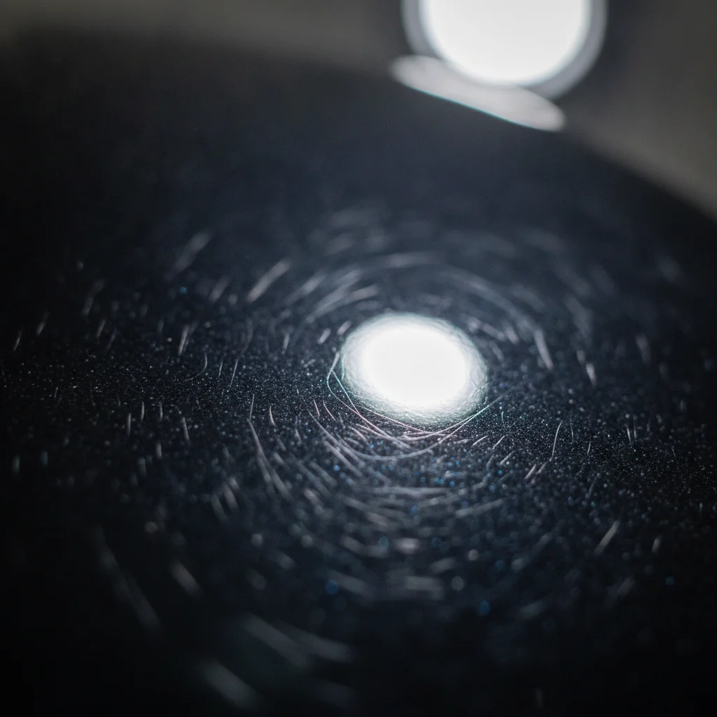 Macro close-up of swirl marks and light scratches visible on dark car paint under overhead light