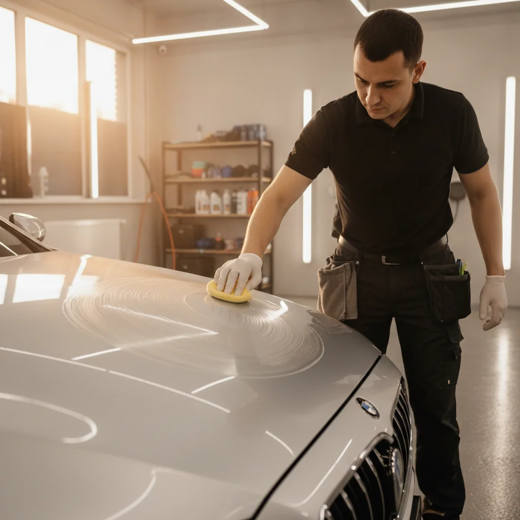 A detailer applying carnauba wax by hand to a silver car in a clean detailing garage