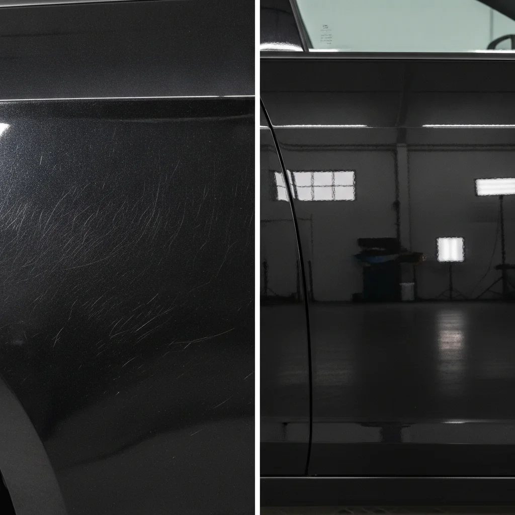 Side-by-side comparison of uncorrected swirled paint versus corrected glossy paint on car door panels