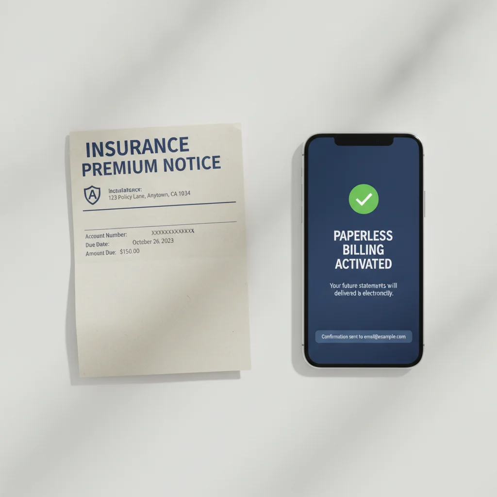 Paper insurance bill next to smartphone showing paperless billing enrollment confirmation screen