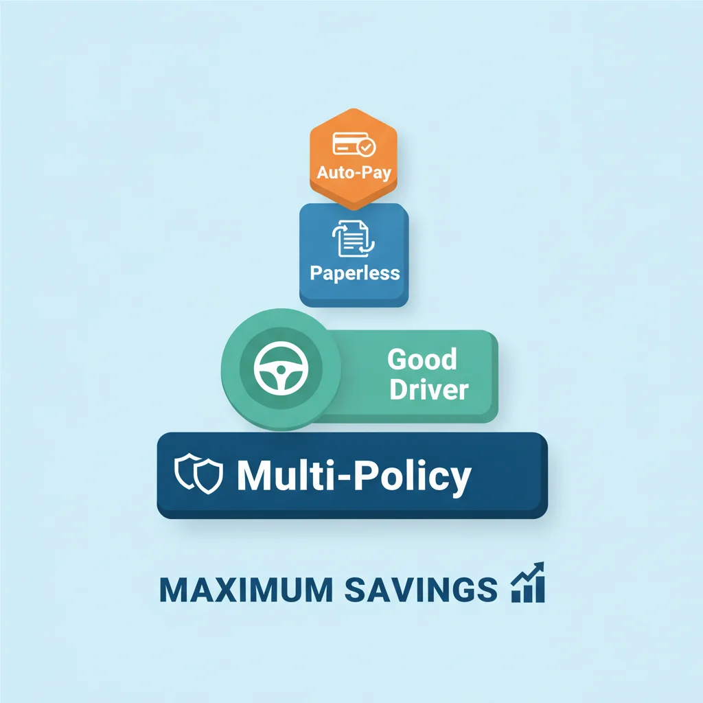 Stacked discount badges illustrating how multiple auto insurance discounts combine for greater savings