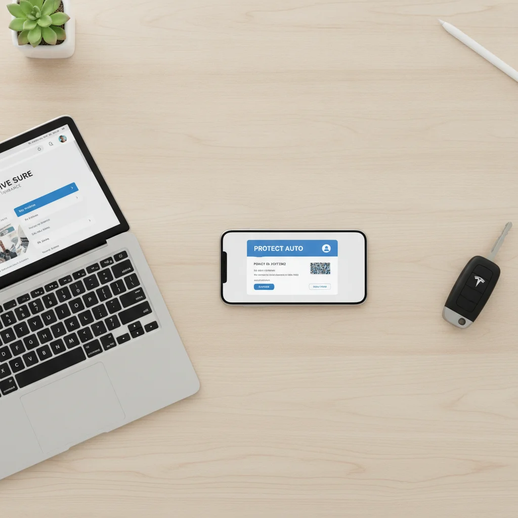 Smartphone and laptop showing auto insurance digital management tools alongside car keys