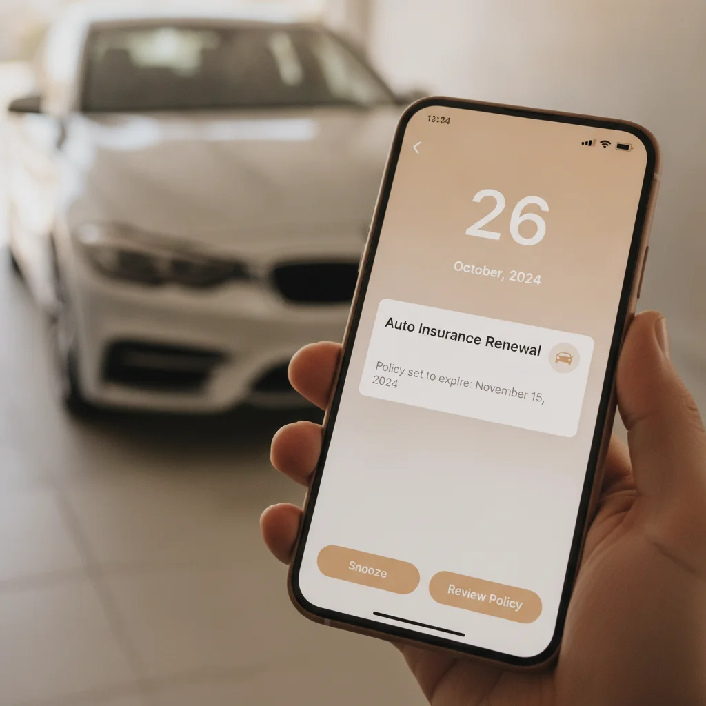Smartphone showing a calendar reminder notification for an upcoming auto insurance renewal date