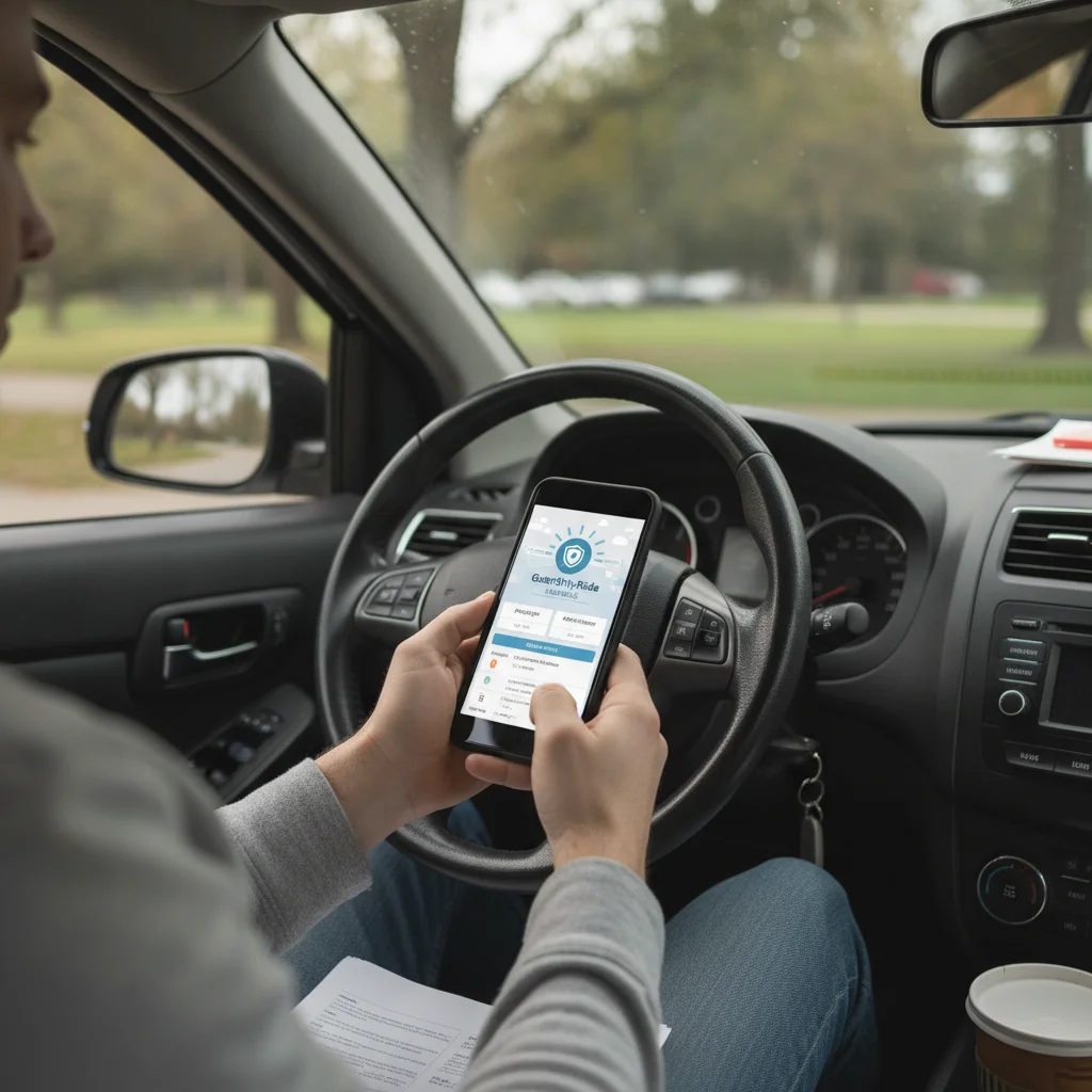 Driver in a parked car reviewing their auto insurance policy on a smartphone app