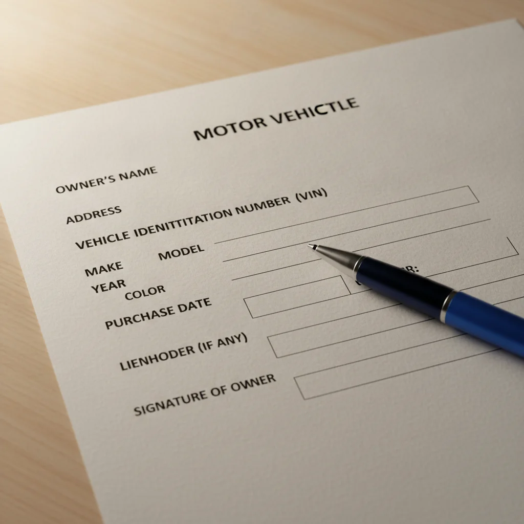 Blank vehicle title document with multiple labeled fields and a pen ready to fill them in
