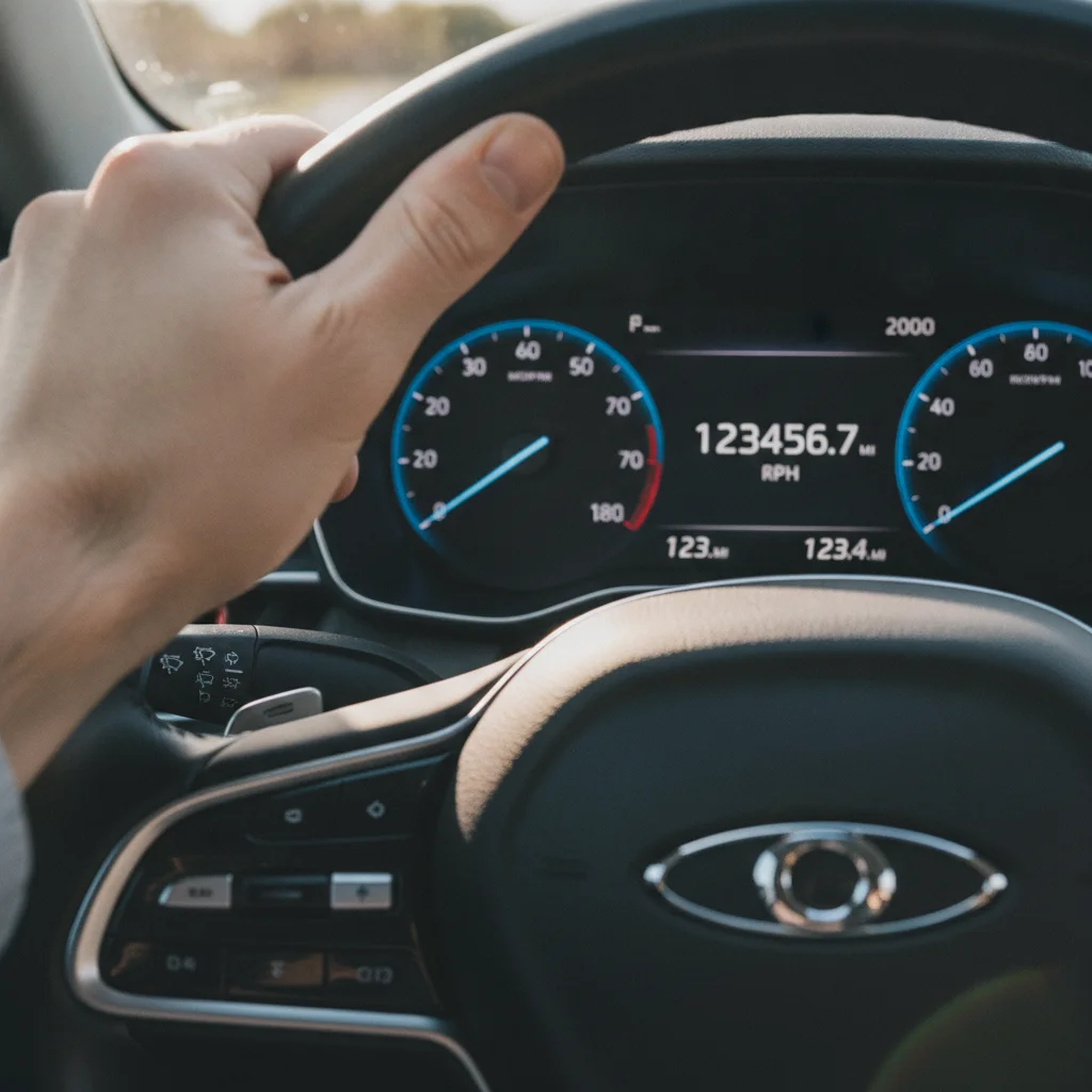 Close-up of a vehicle odometer showing a precise mileage reading on the instrument cluster