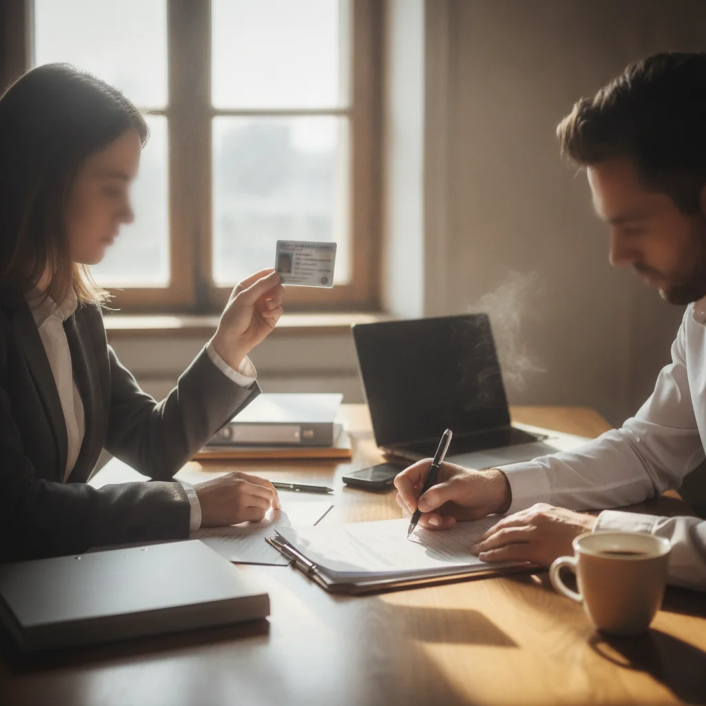 Two people reviewing title paperwork together at a table, one referencing an identification card